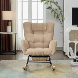 Fabric Rocking Chair With Adjustable Footrest, Headrest And Wooden Legs, Brown - thumbnail 5