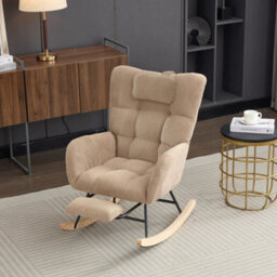 Fabric Rocking Chair With Adjustable Footrest, Headrest And Wooden Legs, Brown - thumbnail 7