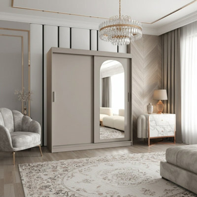 Selfie 180Cm Sliding Wardrobe 2 Door With Mirror Modern Bedroom And Living Room Storage Closet 180Cm Width Cashmere With Drawers - image 1