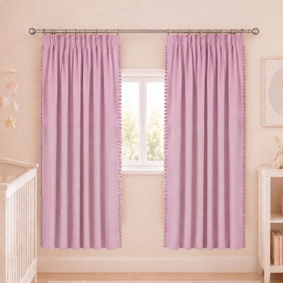 Marlow Pink Fabric Pom Pom Curtains 2 Panel Set 46X72 Inch Nursery Room - image 1