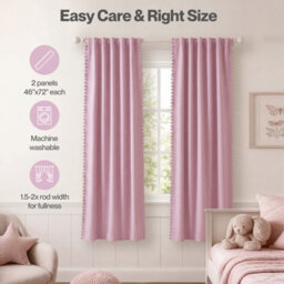 Marlow Pink Fabric Pom Pom Curtains 2 Panel Set 46X72 Inch Nursery Room - thumbnail 9