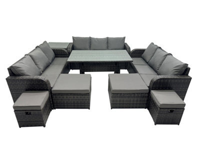 Fimous 13 Seater Garden Outdoor Rattan Furniture Set Rattan Sofa Oblong Dining Table With Side Table 4 Footstools Dark Grey - image 1