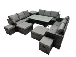 Fimous 13 Seater Garden Outdoor Rattan Furniture Set Rattan Sofa Oblong Dining Table With Side Table 4 Footstools Dark Grey - thumbnail 2