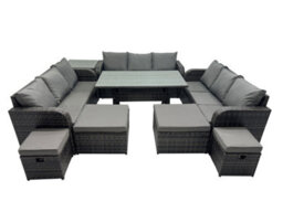 Fimous 13 Seater Garden Outdoor Rattan Furniture Set Rattan Sofa Oblong Dining Table With Side Table 4 Footstools Dark Grey - thumbnail 1