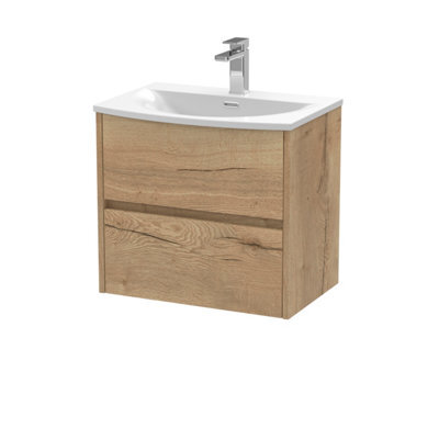 Nuie Havana Wall Hung 2 Drawer Vanity Basin Unit & Curved Ceramic Basin, Modern Sink Vanity Unit In Autumn Oak With White Basin - image 1