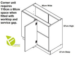 Impact Furniture Corner Kitchen Cabinet White Gloss Cupboard Base Unit Left Right Modern 1100 1000 mm Flat Pack Ella - thumbnail 4