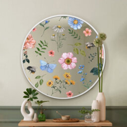 Mirroroutlet The Typis White Metal Edged Circular Wall Mirror With Colour Flower Decals 80Cm Diameter