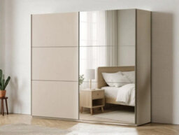 Arte Sand Beige Sliding Mirrored Wardrobe 200Cm - Elegant, Warm, And Spacious - thumbnail 1