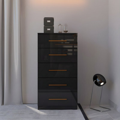 M N Furniture Ltd High Gloss Chest Of Drawers With Handles Modern Bedroom Storage-Black 5 Drawers - image 1