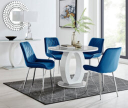 Furniturebox Giovani Round 4 Seat 100Cm White High Gloss Halo Base Grey Glass Top Dining Table 4 Navy Velvet Silver Leg Pesaro Chairs - thumbnail 1
