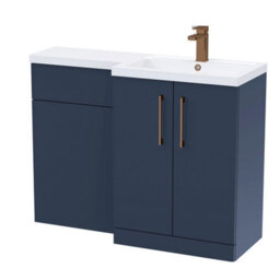 Balterley Right-Hand Bathroom Vanity And Wc Unit Combination With Basin - 1100mm - Satin Dark Blue With Brushed Bronze Handles - thumbnail 1