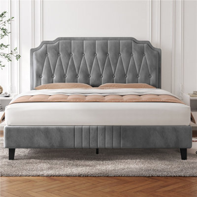 Yaheetech Light Grey 5Ft King Upholstered Bed Frame With Button-Tufted Adjustable Headboard And Wooden Slat Support - image 1