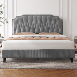 Yaheetech Light Grey 5Ft King Upholstered Bed Frame With Button-Tufted Adjustable Headboard And Wooden Slat Support
