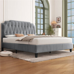 Yaheetech Light Grey 5Ft King Upholstered Bed Frame With Button-Tufted Adjustable Headboard And Wooden Slat Support - thumbnail 3