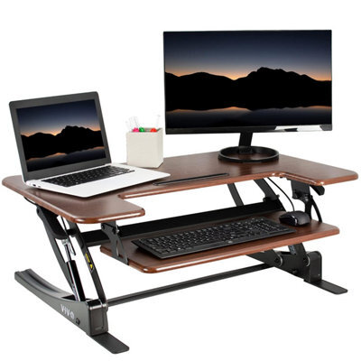 Vivo Height Adjustable 36 Inch Stand Up Desk Converter, Quick Sit To Tabletop Dual Monitor Riser Workstation, Dark Wood, Desk-V
