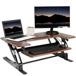 Vivo Height Adjustable 36 Inch Stand Up Desk Converter, Quick Sit To Tabletop Dual Monitor Riser Workstation, Dark Wood, Desk-V