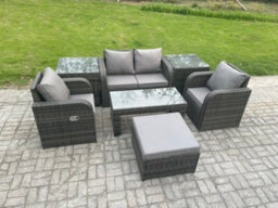 Fimous Rattan Lounge Sofa Set 7 Pcs Outdoor Garden Furniture Set With Rectangular Coffee Table Love Sofa 2 Side Tables - thumbnail 2