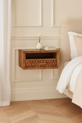 Artisan Furniture Solid Wood Arno Wall-Mounted Nightstand, 1 Drawer, 1 Open Slot, Golden Teak, Light Brown - image 1