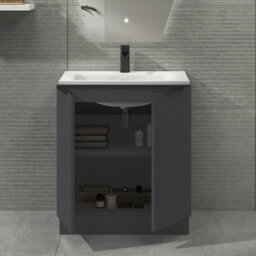 Royal Bathrooms Evora 700mm Graphite Grey Fluted Floor Standing Bathroom Vanity Unit 2 Door Cabinet Storage With Stone Basin & Matt Black Handles - thumbnail 3