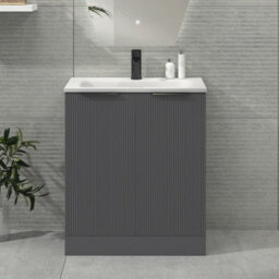 Royal Bathrooms Evora 700mm Graphite Grey Fluted Floor Standing Bathroom Vanity Unit 2 Door Cabinet Storage With Stone Basin & Matt Black Handles