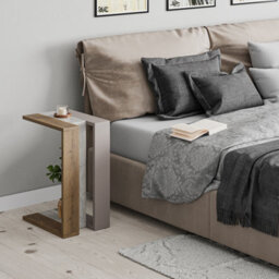 Decortie Muju Modern C-Shape Side End Coffee Table Multipurpose Sofa Lap Dark Oak Effect, Gold Marble Effect Mocha Grey H 57Cm - thumbnail 4