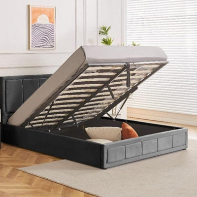 Grey Plush Velvet 4Ft6 Double Bed Frame With Gas Lift Storage & Vertical Liner Design