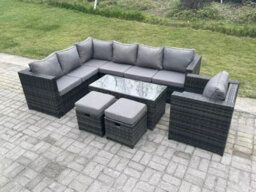 Fimous 9 Seater Rattan Corner Sofa Lounge Sofa Set With Rectangular Coffee Table 2 Stool Dark Grey Mixed Left Hand - thumbnail 1
