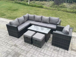 Fimous 9 Seater Rattan Corner Sofa Lounge Sofa Set With Rectangular Coffee Table 2 Stool Dark Grey Mixed Left Hand - thumbnail 2