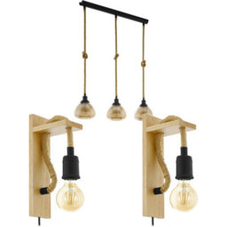 Modern Black Rope Linear Ceiling Pendant And Wall Light Set With Amber Glass Shades - thumbnail 1