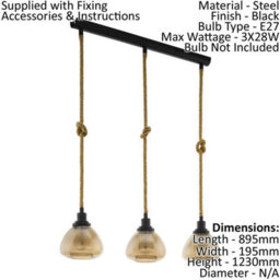 Modern Black Rope Linear Ceiling Pendant And Wall Light Set With Amber Glass Shades - thumbnail 2