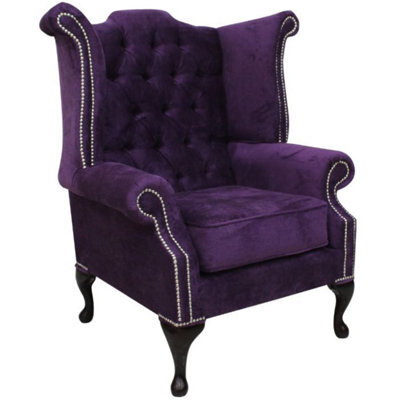 Chesterfield High Back Wing Chair Dakota Violet Purple Real Velvet In Queen Anne Style - image 1