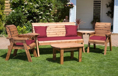Charles Taylor Trading Charles Taylor Wooden Garden 5 Seater Multi Chair Bench Set & Table Red Cushion - image 1