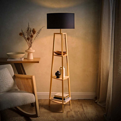 Valuelights Hiru Natural 3 Tier Shelf Floor Lamp With Black Drum Shade And Bulb - image 1