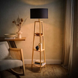 Valuelights Hiru Natural 3 Tier Shelf Floor Lamp With Black Drum Shade And Bulb - thumbnail 3