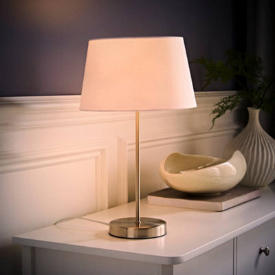Valuelights Charles Brushed Chrome Table Lamp With White Tapered Shade And Bulb - image 1