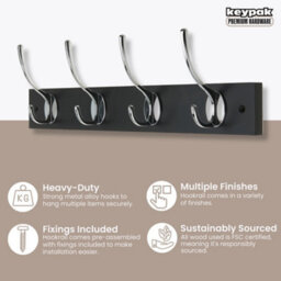 Keypak Victorian 4 Hook Wall-Mount Wooden Coat Rack, 45Cm - Black Board, Polished Chrome Hook - Pre-Assembled, Fixings Included - thumbnail 2