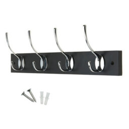 Keypak Victorian 4 Hook Wall-Mount Wooden Coat Rack, 45Cm - Black Board, Polished Chrome Hook - Pre-Assembled, Fixings Included