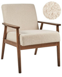 Wyld And Coco Beige Bouclé Armchair - Mid-Century Retro Design With Dark Wood Armrests, W62 X D80 X H79 Cm - thumbnail 3