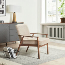 Wyld And Coco Beige Bouclé Armchair - Mid-Century Retro Design With Dark Wood Armrests, W62 X D80 X H79 Cm - thumbnail 2