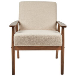 Wyld And Coco Beige Bouclé Armchair - Mid-Century Retro Design With Dark Wood Armrests, W62 X D80 X H79 Cm - thumbnail 1