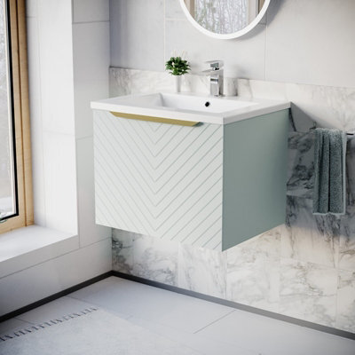 Nes Home 600mm Wall Hung Green Drawers Basin Vanity Brushed Brass Handle - image 1