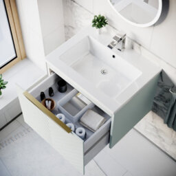 Nes Home 600mm Wall Hung Green Drawers Basin Vanity Brushed Brass Handle - thumbnail 4