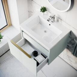 Nes Home 600mm Wall Hung Green Drawers Basin Vanity Brushed Brass Handle - thumbnail 3