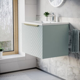 Nes Home 600mm Wall Hung Green Drawers Basin Vanity Brushed Brass Handle - thumbnail 2