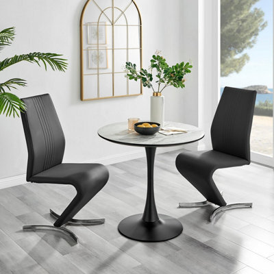 Furniturebox Uk Elina White Marble Effect Round Dining Table & 2 Black Willow Chairs - image 1