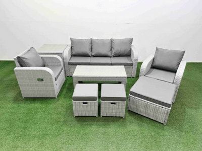 Fimous Pe Rattan Garden Furniture Set Reclining Chair Sofa Lounge Sofa Set Rectangular Coffee Table Side Table 3 Stools Light Grey - image 1