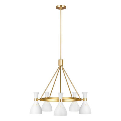 Elegant 5 Bulb Chandelier Ceiling Light In Matte White And Burnished Brass Finish - image 1