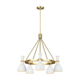 Elegant 5 Bulb Chandelier Ceiling Light In Matte White And Burnished Brass Finish - thumbnail 2