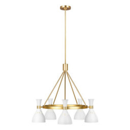 Elegant 5 Bulb Chandelier Ceiling Light In Matte White And Burnished Brass Finish - thumbnail 1