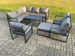 Fimous 9 Seater Aluminium Outdoor Garden Furniture Set Patio Lounge Sofa With Oblong Coffee Table Chair Big Footstool - thumbnail 1